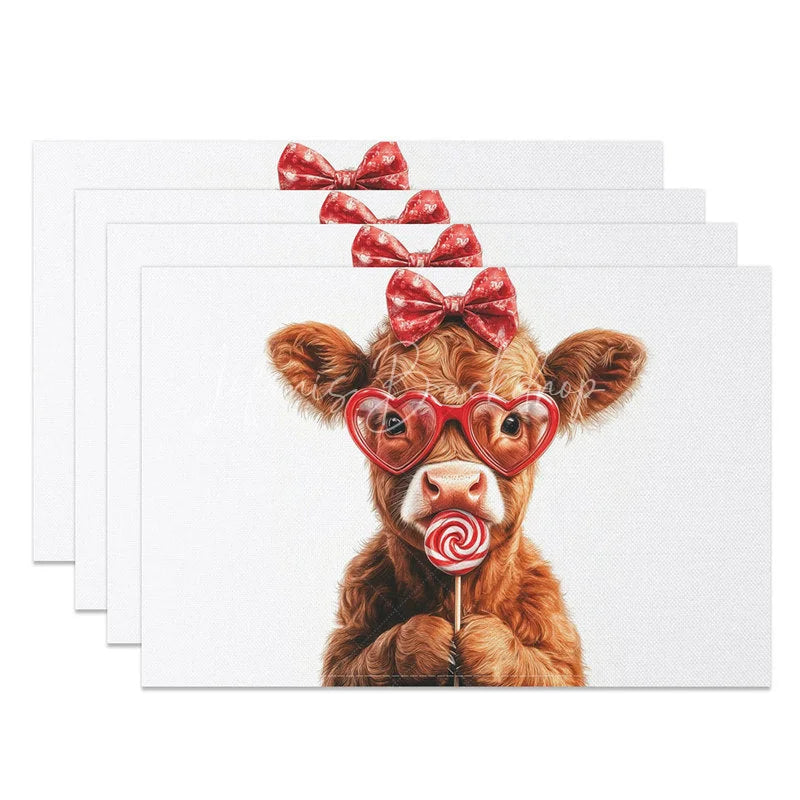 Lofaris Valentine Set of 4 Placemats Baby Highland Cow Love Glasses Sweet Lollipop Red Bow Dining Decor
