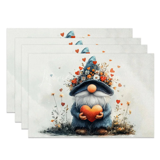 Lofaris Valentine Set of 4 Placemats Cute Gnome Holding Heart Blue Flower Hat Rustic Farmhouse Table Mats