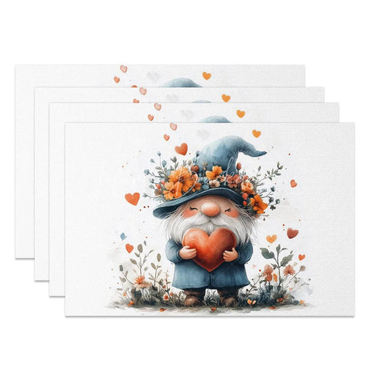 Lofaris Valentine Set of 4 Placemats Gnome Blue Hat with Flowers Holding Heart Rustic Farmhouse Table Mats