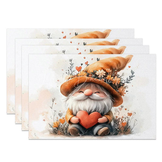Lofaris Valentine Set of 4 Placemats Gnome Orange Floral Hat Holding Red Heart Sweet Love Dining Table Mats