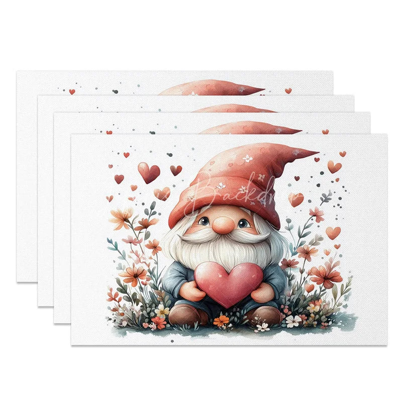 Lofaris Valentine Set of 4 Placemats Gnome Pink Flower Hat Holding Heart Pastel Romantic Dining Table Mats