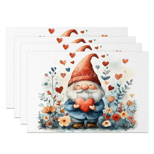 Lofaris Valentine Set of 4 Placemats Gnome Tall Orange Hat Holding Heart Floral Love Theme Dining Table Mats