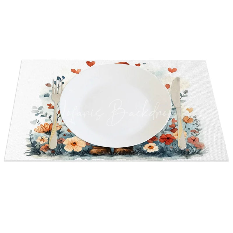 Lofaris Valentine Set of 4 Placemats Gnome Tall Orange Hat Holding Heart Floral Love Theme Dining Table Mats