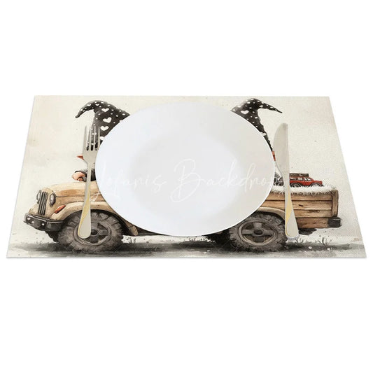 Lofaris Valentine Set of 4 Placemats Gnomes Driving Truck Cool Sunglasses Black Heart Hat Table Mats