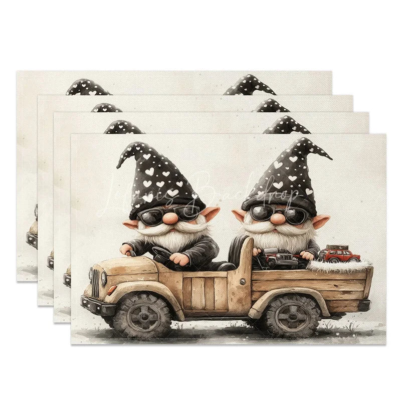 Lofaris Valentine Set of 4 Placemats Gnomes Driving Truck Cool Sunglasses Black Heart Hat Table Mats