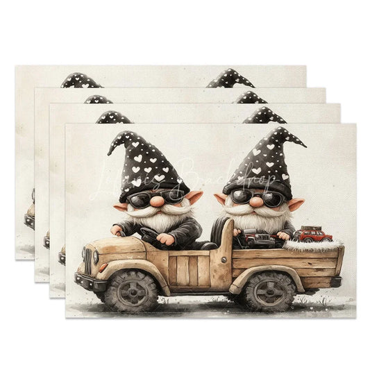 Lofaris Valentine Set of 4 Placemats Gnomes Driving Truck Cool Sunglasses Black Heart Hat Table Mats