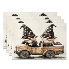 Lofaris Valentine Set of 4 Placemats Gnomes Driving Truck Cool Sunglasses Black Heart Hat Table Mats