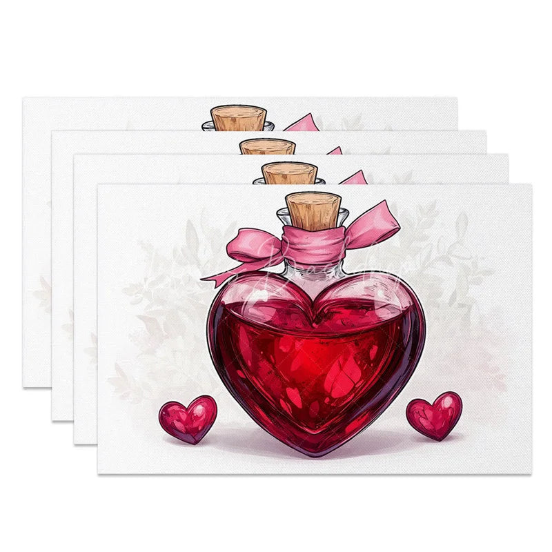 Lofaris Valentine Set of 4 Placemats Heart Shaped Glass Bottle Red Love Liquid Ribbon Dining Decor