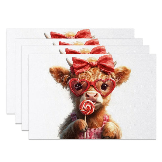 Lofaris Valentine Set of 4 Placemats Highland Cow Heart Sunglasses Red Bow Lollipop Cute Animal Table Mats