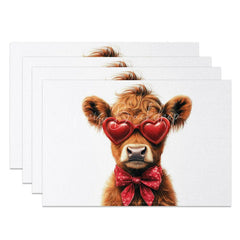 Lofaris Valentine Set of 4 Placemats Highland Cow Love Glasses Red Heart Pattern Bow Dining Table Mats