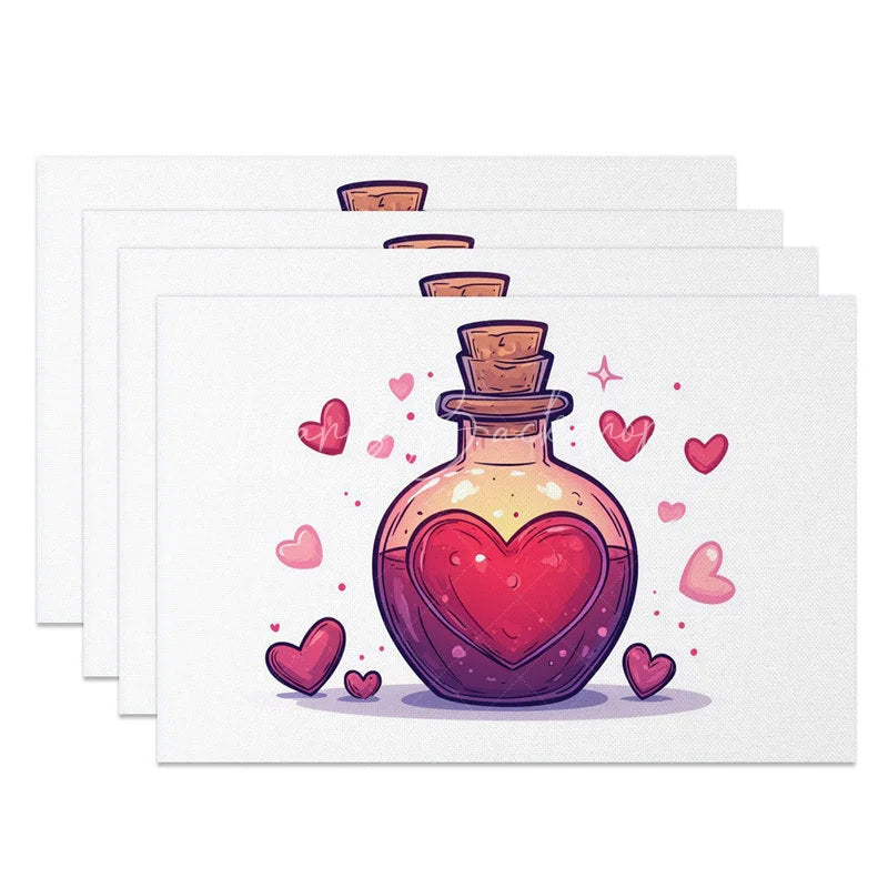 Lofaris Valentine Set of 4 Placemats Magic Love Potion Bottle Pink Heart Elixir Romantic Table Mats