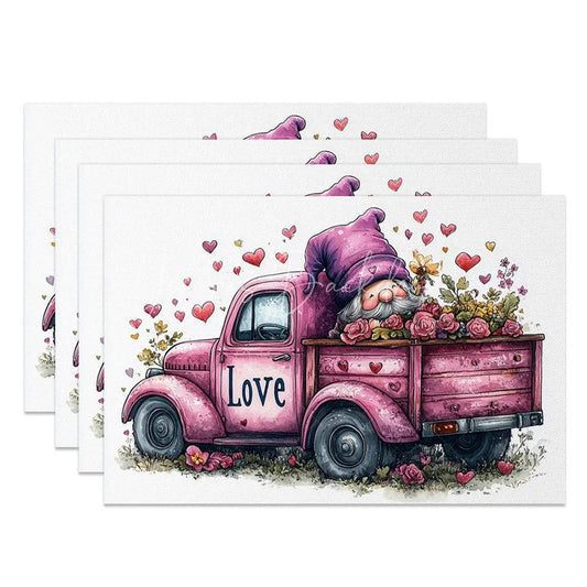 Lofaris Valentine Set of 4 Placemats Pink Truck Purple Gnome Rustic Farmhouse Love Dining Table Mats