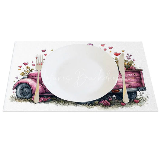 Lofaris Valentine Set of 4 Placemats Pink Truck Purple Gnome Rustic Farmhouse Love Dining Table Mats