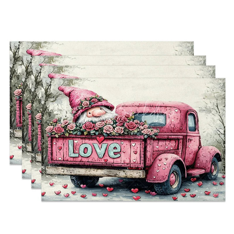 Lofaris Valentine Set of 4 Placemats Pink Truck with Roses Gnome Love Tailgate Farmhouse Dining Table Mats
