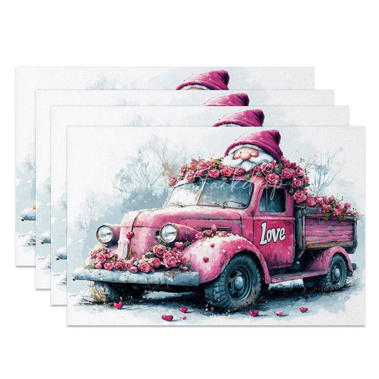 Lofaris Valentine Set of 4 Placemats Pink Vintage Truck Roses Gnome Love Door Rustic Farmhouse Table Mats