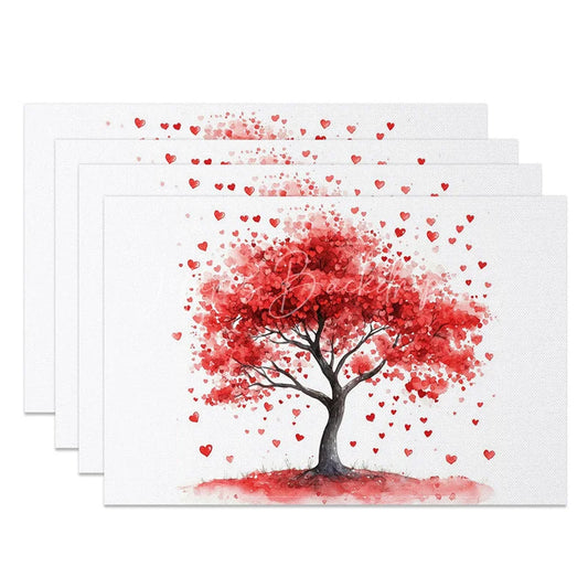 Lofaris Valentine Set of 4 Placemats Red Heart Tree Watercolor Love Romantic Dining Table Mats