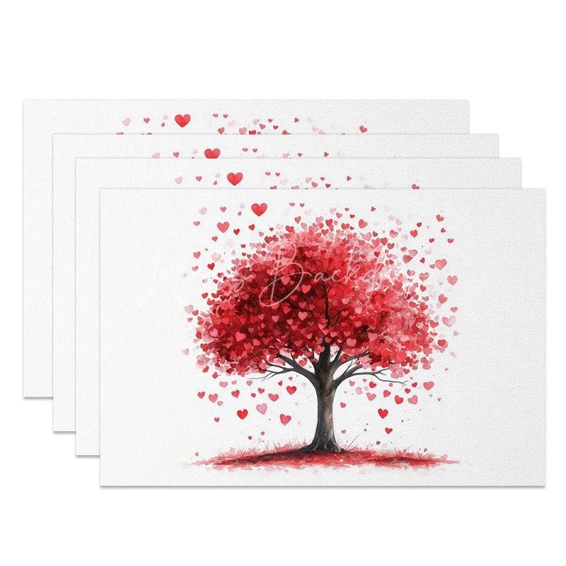 Lofaris Valentine Set of 4 Placemats Red Love Tree Falling Hearts Watercolor Romantic Dining Decor