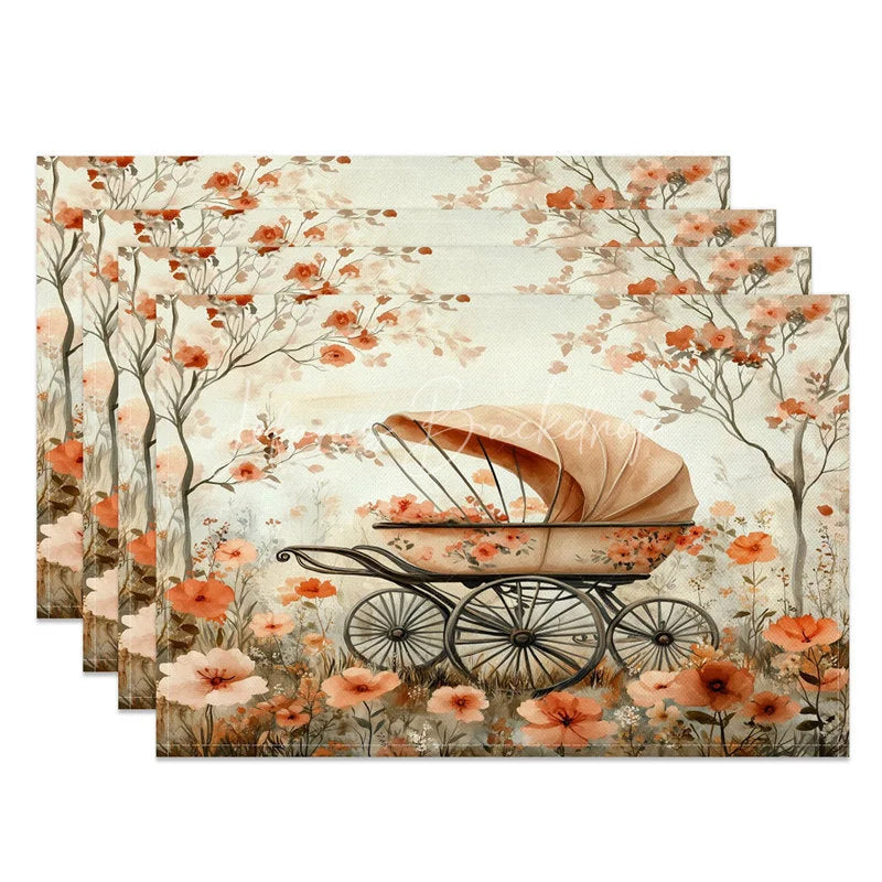 Lofaris Valentine Set of 4 Placemats Vintage Flower Carriage Retro Baby Pram Floral Dining Table Mats