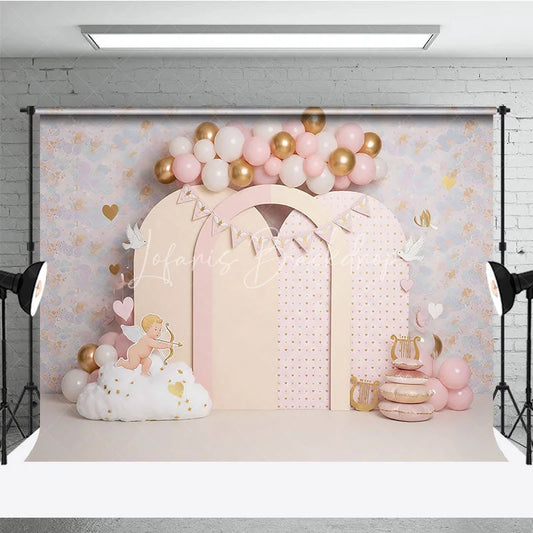 Lofaris Valentines Day Backdrop Cute Cupid and Pink Arches with Gold Hearts Birthday Party Photography Banner