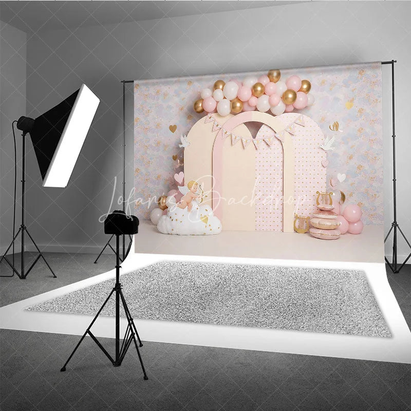 Lofaris Valentines Day Backdrop Cute Cupid and Pink Arches with Gold Hearts Birthday Party Photography Banner