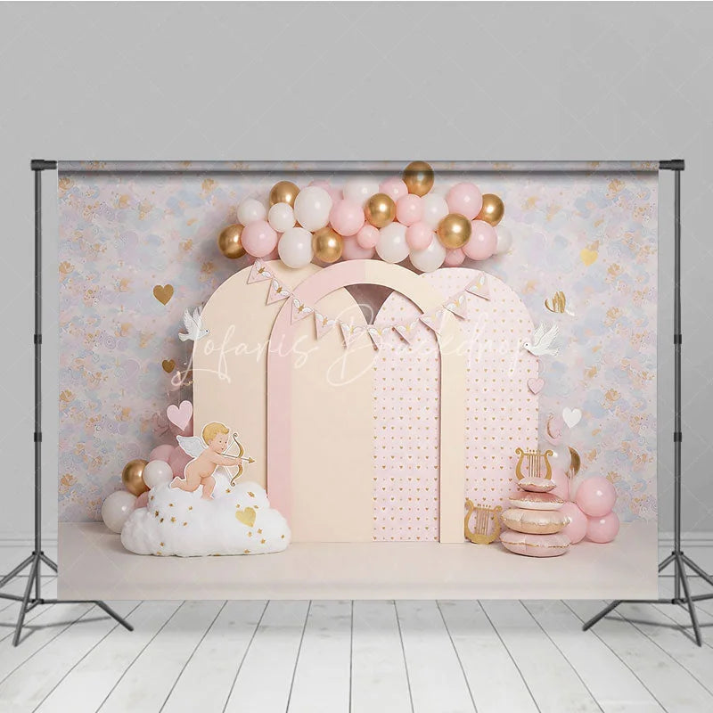 Lofaris Valentines Day Backdrop Cute Cupid and Pink Arches with Gold Hearts Birthday Party Photography Banner