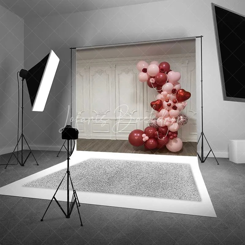 Lofaris Valentine’s Day Balloon Arch Backdrop Elegant White Wall Photography Background Pink Red Hearts Photo Prop