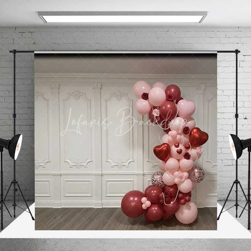 Lofaris Valentine’s Day Balloon Arch Backdrop Elegant White Wall Photography Background Pink Red Hearts Photo Prop