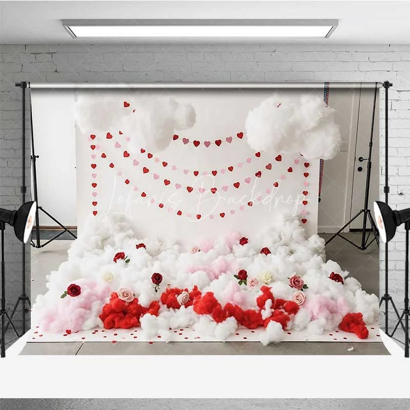 Lofaris Valentine’s Day Cloud Heart Garland Photography Backdrop White Fluffy Clouds Red Roses Photo Background Cupid Love Prop