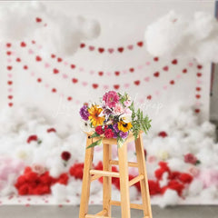 Lofaris Valentine’s Day Cloud Heart Garland Photography Backdrop White Fluffy Clouds Red Roses Photo Background Cupid Love Prop