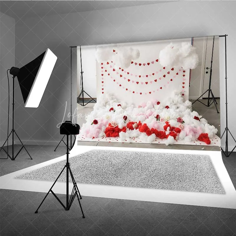 Lofaris Valentine’s Day Cloud Heart Garland Photography Backdrop White Fluffy Clouds Red Roses Photo Background Cupid Love Prop