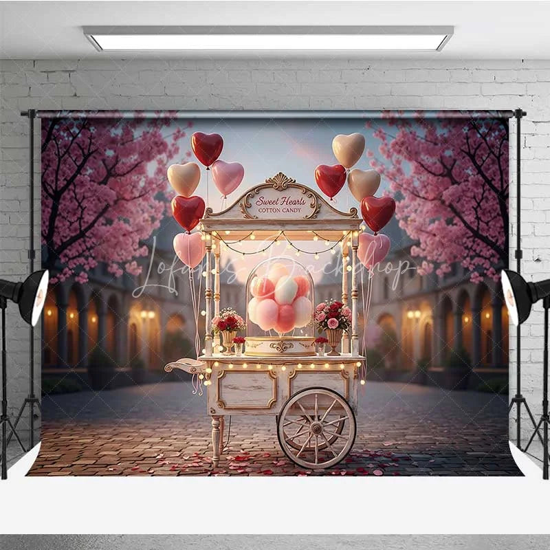 Lofaris Valentine’s Day Cotton Candy Cart Photography Backdrop Pink Heart Balloons Street Photo Background Sweet City Prop