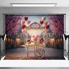 Lofaris Valentine’s Day Cotton Candy Cart Photography Backdrop Pink Heart Balloons Street Photo Background Sweet City Prop