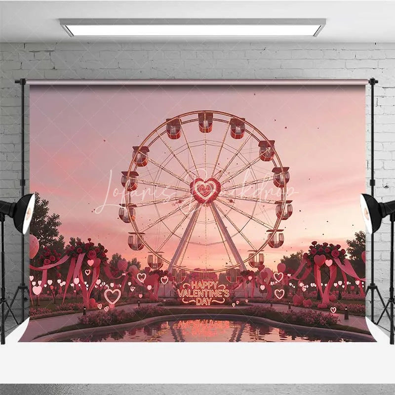 Lofaris Valentine’s Day Ferris Wheel Photography Backdrop Pink Sunset Amusement Park Photo Background Romantic Love Date Prop