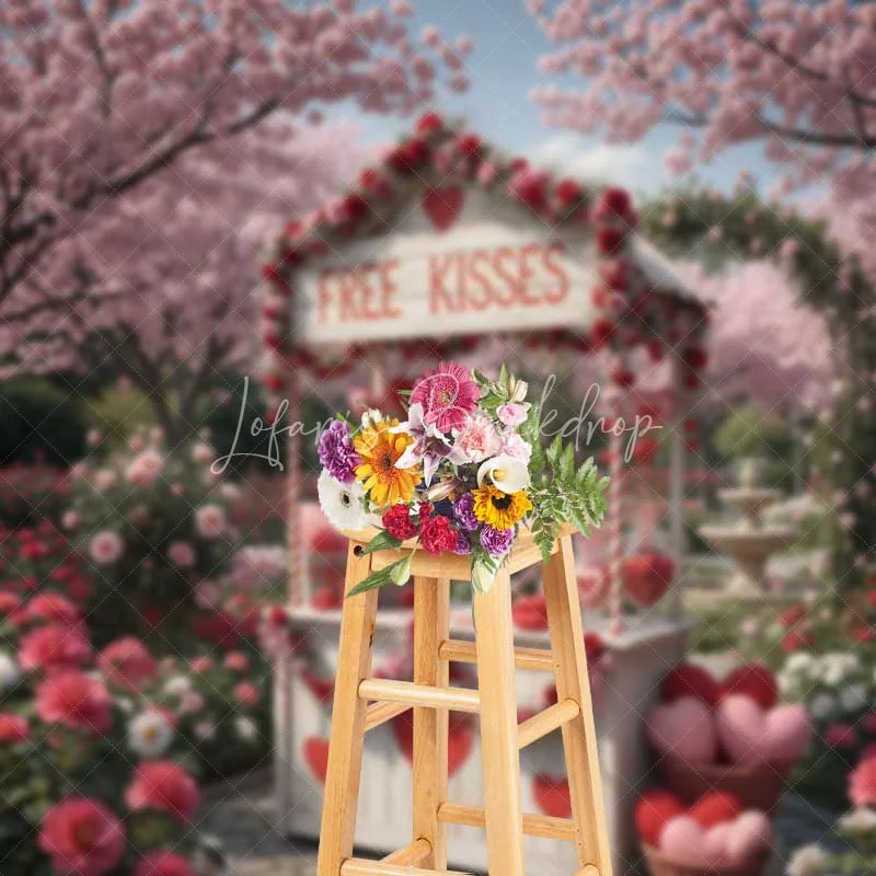 Lofaris Valentine’s Day Free Kisses Booth Photography Backdrop Pink Cherry Blossom Garden Photo Prop Romantic Outdoor Decor