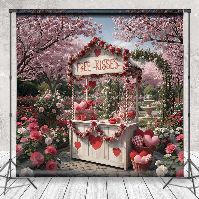 Lofaris Valentine’s Day Free Kisses Booth Photography Backdrop Pink Cherry Blossom Garden Photo Prop Romantic Outdoor Decor