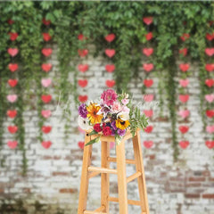 Lofaris Valentine’s Day Hanging Hearts Photography Backdrop Green Leaves White Brick Wall Photo Prop Rustic Love Decor