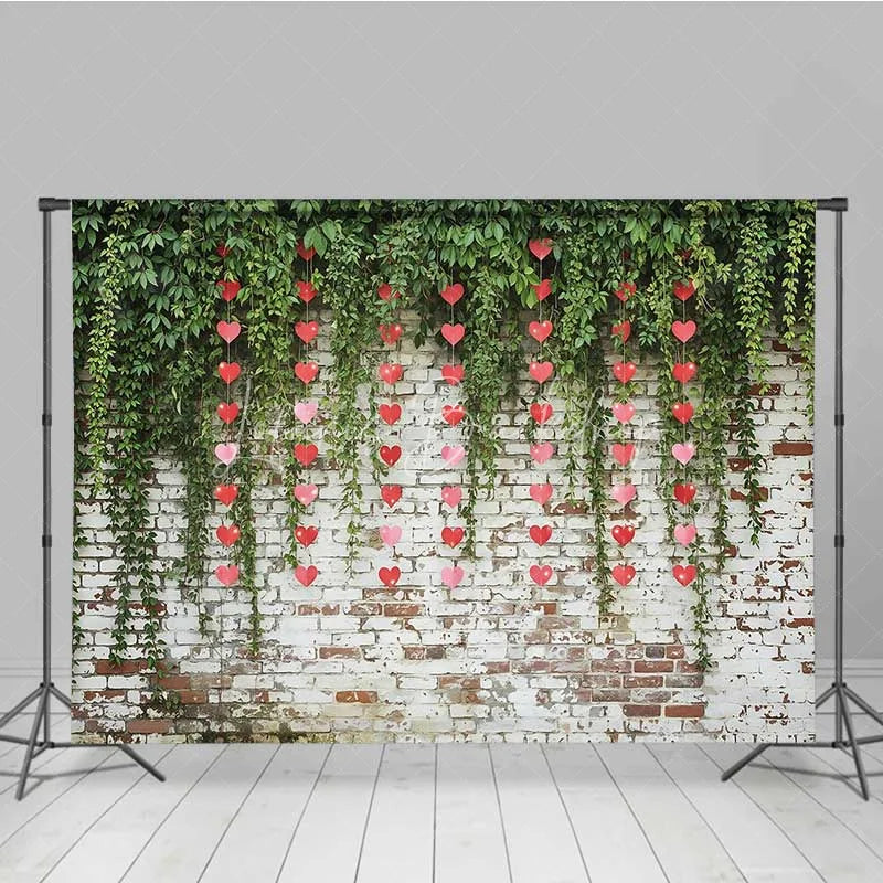 Lofaris Valentine’s Day Hanging Hearts Photography Backdrop Green Leaves White Brick Wall Photo Prop Rustic Love Decor
