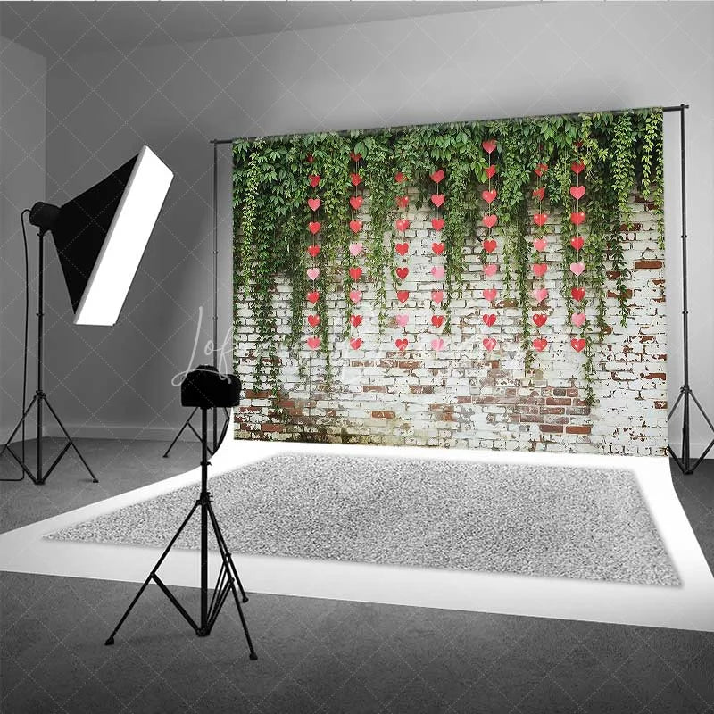 Lofaris Valentine’s Day Hanging Hearts Photography Backdrop Green Leaves White Brick Wall Photo Prop Rustic Love Decor