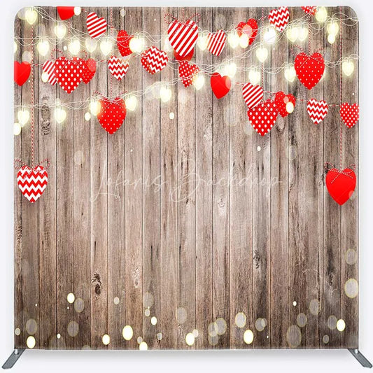 Lofaris Valentines Day Hearts Tension Fabric Backdrop Rustic Wood and Fairy Lights Party Decoration
