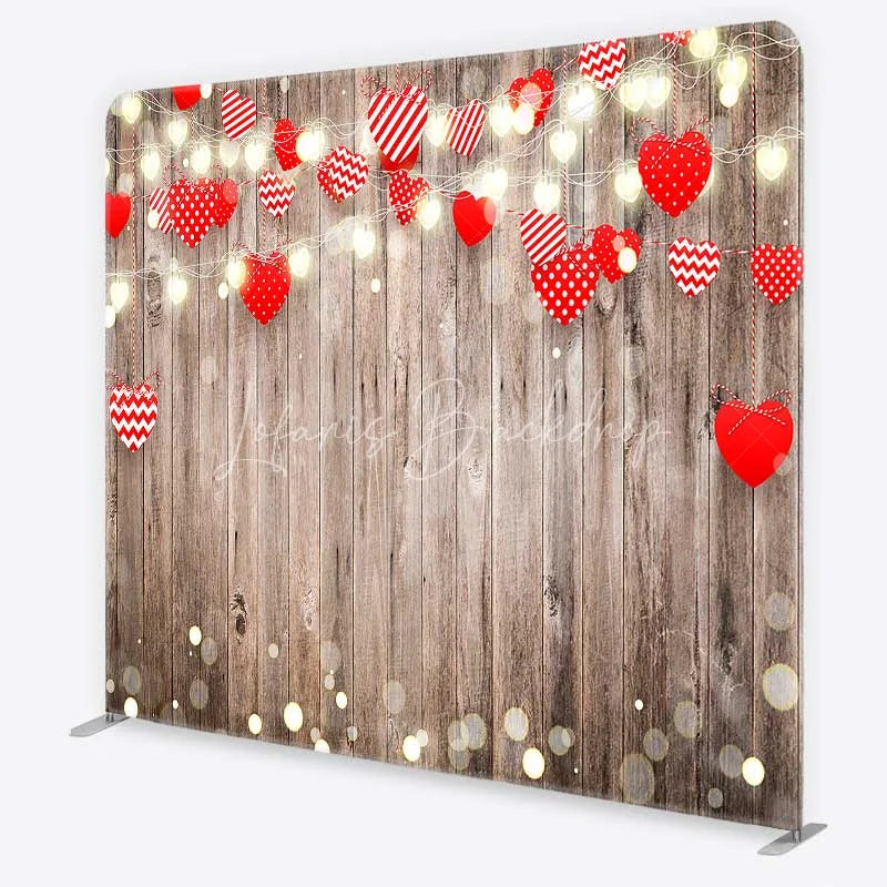 Lofaris Valentines Day Hearts Tension Fabric Backdrop Rustic Wood and Fairy Lights Party Decoration