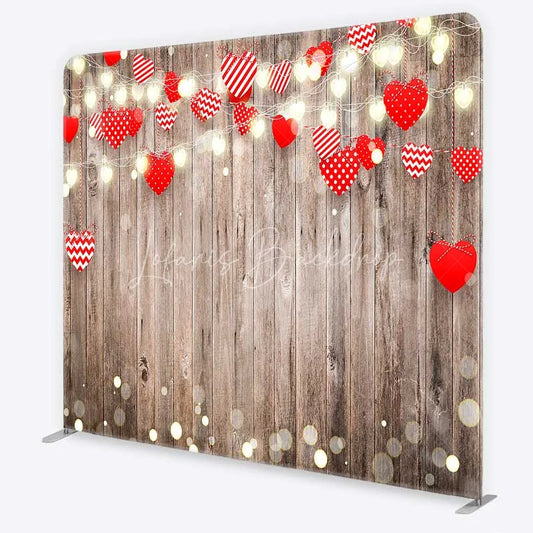 Lofaris Valentines Day Hearts Tension Fabric Backdrop Rustic Wood and Fairy Lights Party Decoration