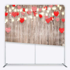 Lofaris Valentines Day Hearts Tension Fabric Backdrop Rustic Wood and Fairy Lights Party Decoration