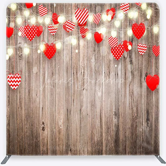 Lofaris Valentines Day Hearts Tension Fabric Backdrop Rustic Wooden Fairy Lights Party Decor