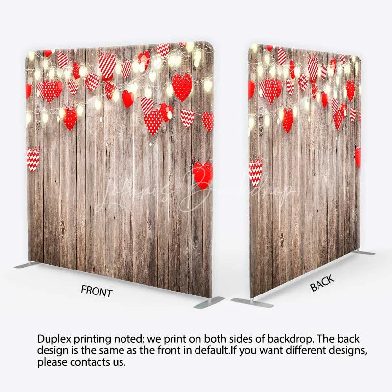 Lofaris Valentines Day Hearts Tension Fabric Backdrop Rustic Wooden Fairy Lights Party Decor