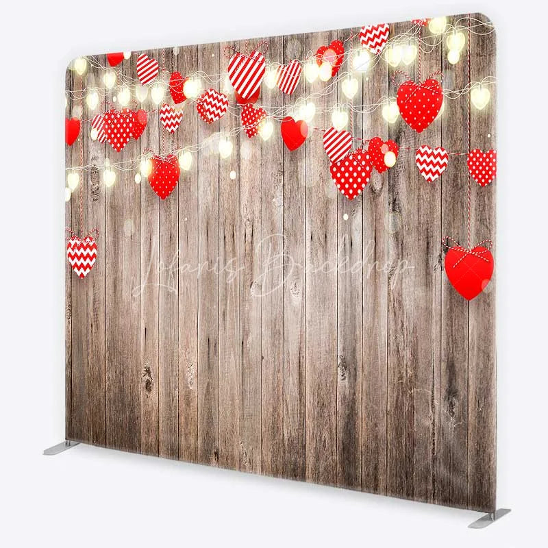 Lofaris Valentines Day Hearts Tension Fabric Backdrop Rustic Wooden Fairy Lights Party Decor