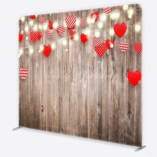Lofaris Valentines Day Hearts Tension Fabric Backdrop Rustic Wooden Fairy Lights Party Decor