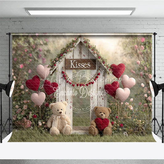 Lofaris Valentines Day Kisses Booth Backdrop Rustic Wood Shed with Teddy Bears and Heart Balloons