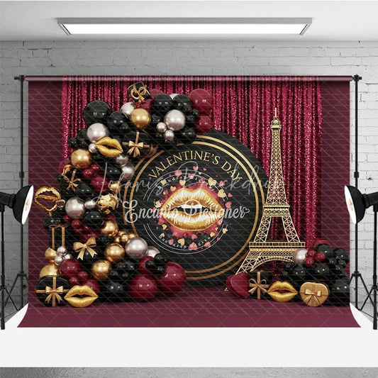 Lofaris Valentine’s Day Photography Backdrop Black Gold Eiffel Tower Lip Background Luxury Romantic Photo Prop