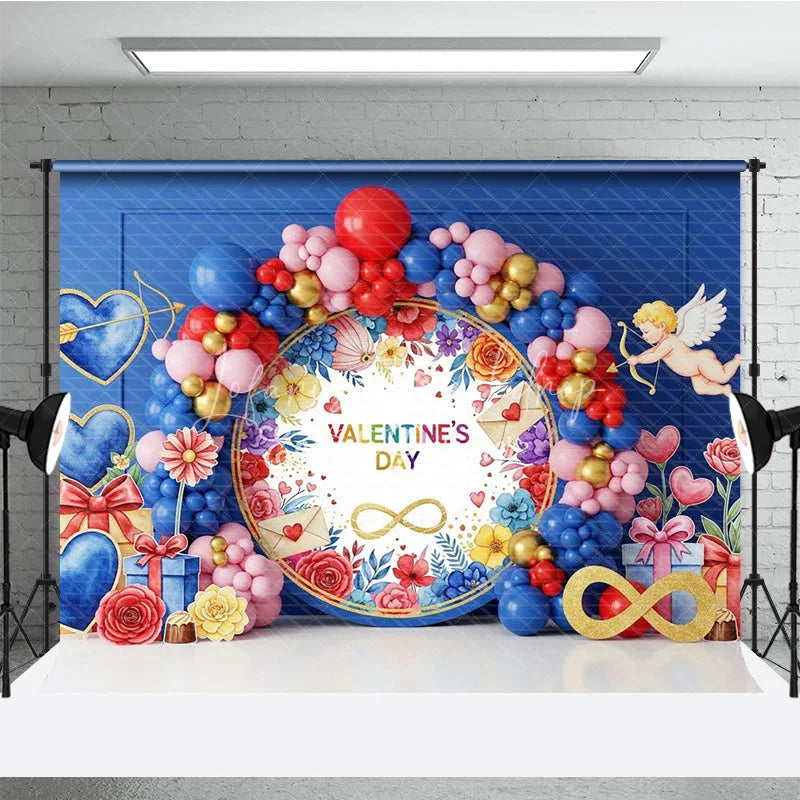 Lofaris Valentine’s Day Photography Backdrop Cupid Angel Blue Balloon Arch Background Floral Love Photo Prop