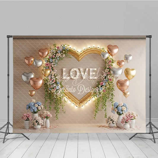 Lofaris Valentine’s Day Photography Backdrop Gold Heart Frame Marquee Light Background Floral Love Photo Prop